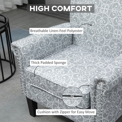 Upholstered Accent Chair, Single Armchair with Soft Linen Touch Fabric, Rolled Armrest with Nailhead Trim, Grey