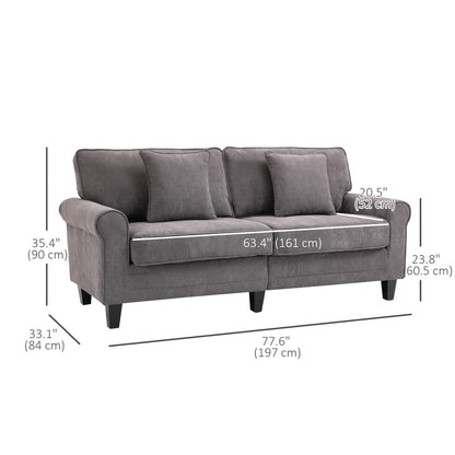 Modern 3 Seater Sofa, Corduroy Fabric 3 Seater Couch with Pine Wood Legs and Rolled Armrests for Living Room, Light Grey