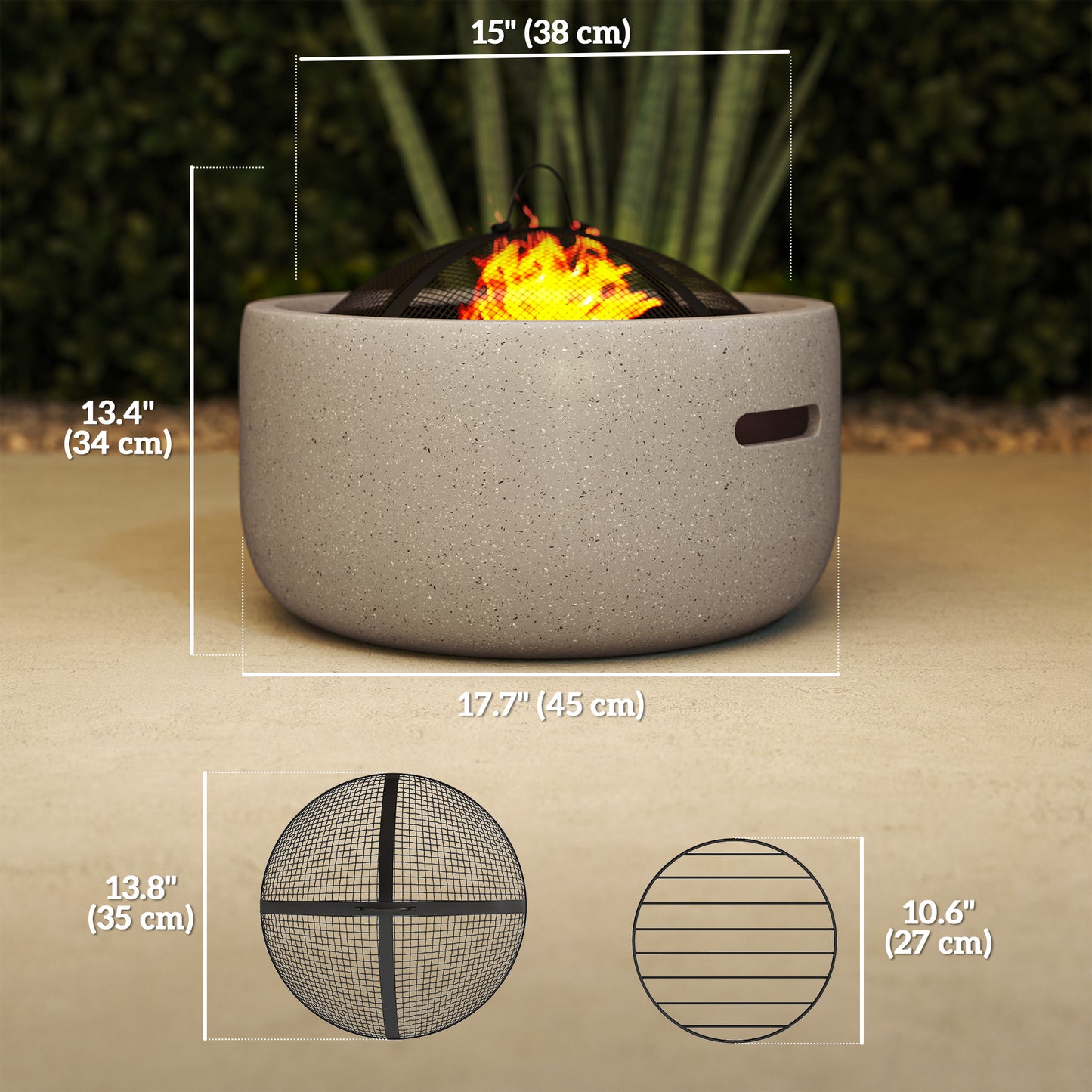 18" Round Outdoor Fire Pit Firepit Fireplace Wood-burning with Spark Screen Poker for Backyard Camping Bonfire, Grey