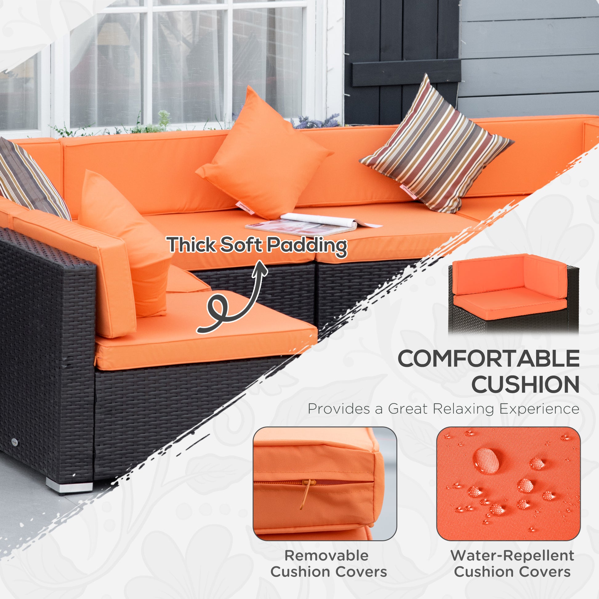 7 Pieces Patio Furniture Set, Rattan Conversation Set Garden Wicker Sofa Set with Washable Cushions and Coffee Table, for Deck Balcony Yard, Orange