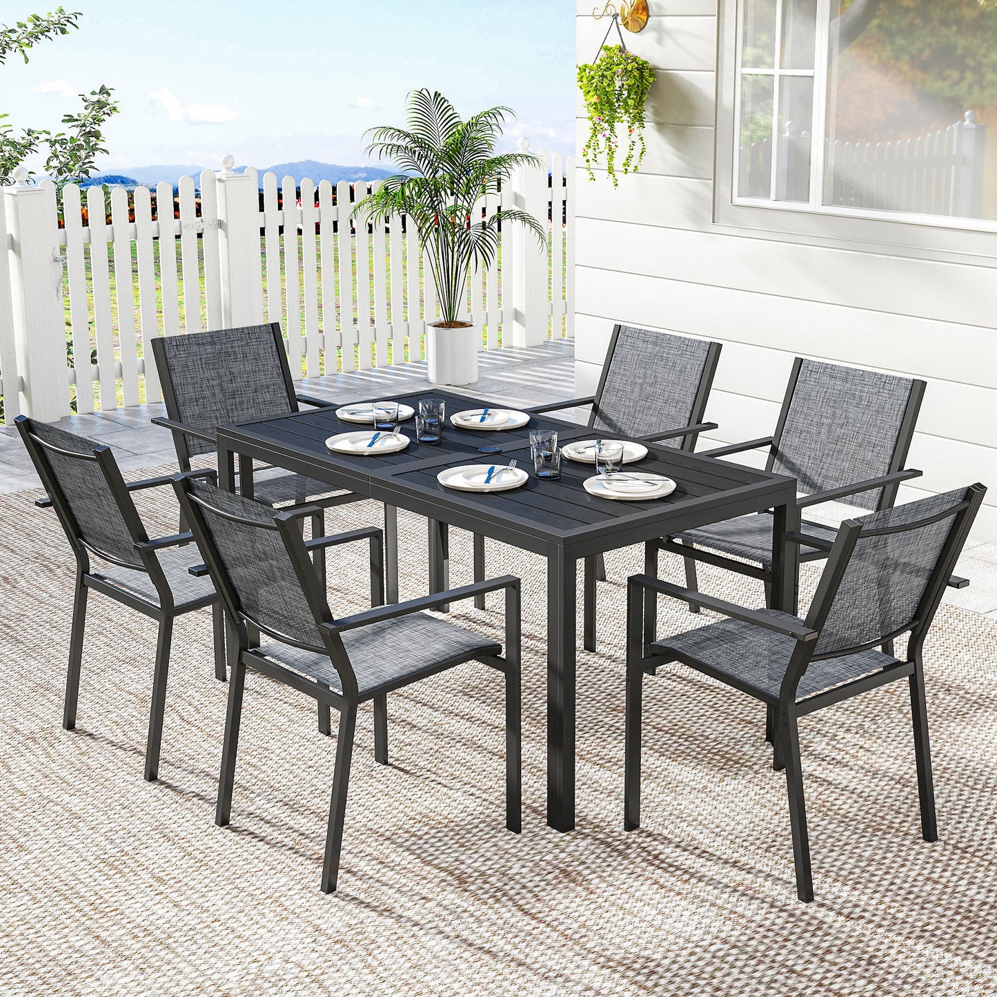 Outdoor Dining Set for 6, Faux Wood Metal Patio Table and Mesh Stackable Chairs with Umbrella Hole, Black