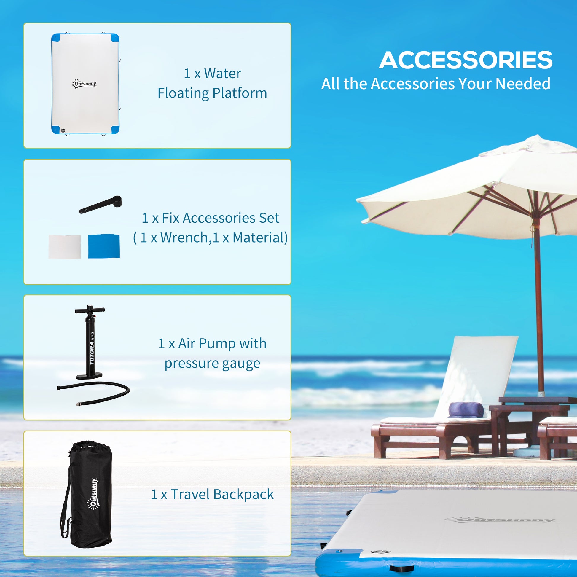 8' x 6' Water Floating Dock, Rafting Inflatable Island with Air Pump and Backpack for Pool, Beach, Ocean, Blue