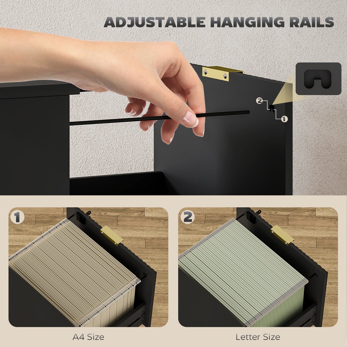 Lockable Filing Cabinet with 3 Fluted Drawers, File Cabinet with Adjustable Hanging Rails for A4 Letter Files, Black