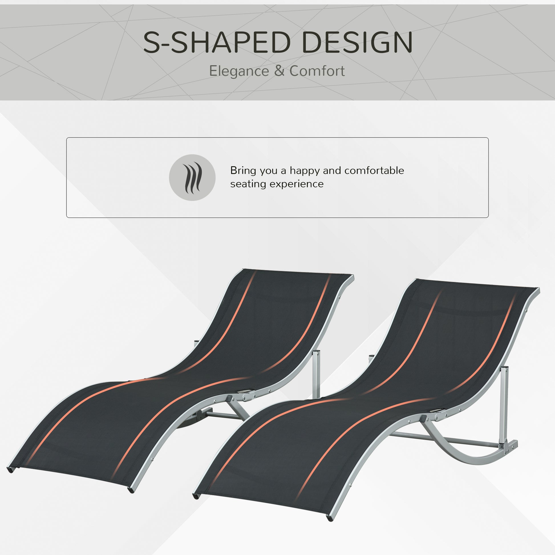 Pool Chaise Lounge Chairs Set of 2, S-shaped Foldable Outdoor Chaise Lounge Chair Reclining for Patio Beach Garden With 264lbs Weight Capacity, Black