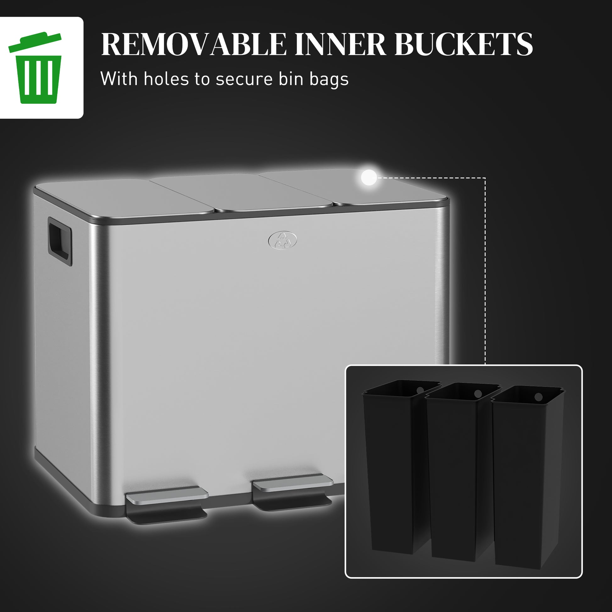 Triple Garbage Bin, Soft-Close Trash Can with Foot Pedal, 3 x 20 Liter Garbage Can with Removable Inner Buckets, Silver