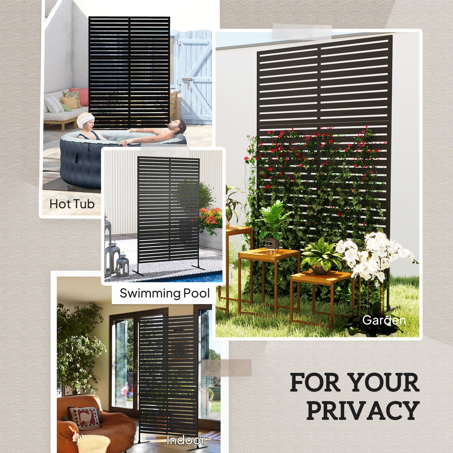 Decorative Outdoor Privacy Panel, Freestanding Metal Outdoor Divider with Stand for Garden, Backyard, Deck, Pool, Black