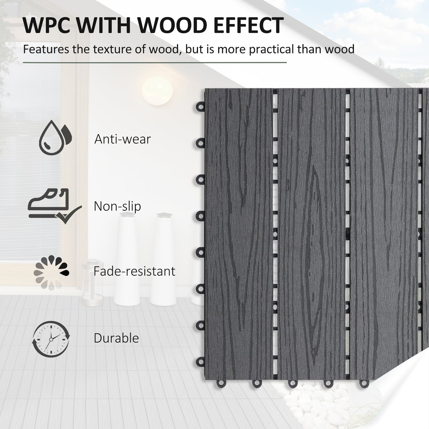 WPC Interlocking Deck Tiles, 11 Pack 12" x 12" Outdoor Tiles, Tools Free Assembly, Waterproof and Non-slip Patio Flooring, Grey