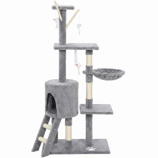 53" Cat Tree Tower, Kitten Activity Centre with Scratching Posts, Condo, Perches, Ladder, Hammock, Dangling Toys, Grey