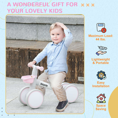 Qaba Toddler Balance Bike for 12–36 Months with Adjustable Seat, Removable Basket, 4 Silent Wheels, Pink