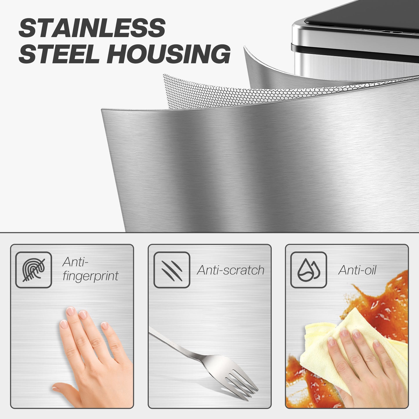 13.2 Gallon Automatic Garbage Can with Soft-Close Lid, Touchless Trash Can with Fingerprint Resistant Stainless Steel