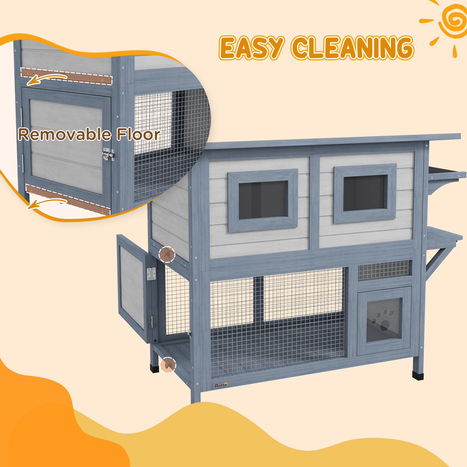 2 Tier Outdoor Cat House with Escape Door, Jump platform, for 1-2 Cats, Light Grey
