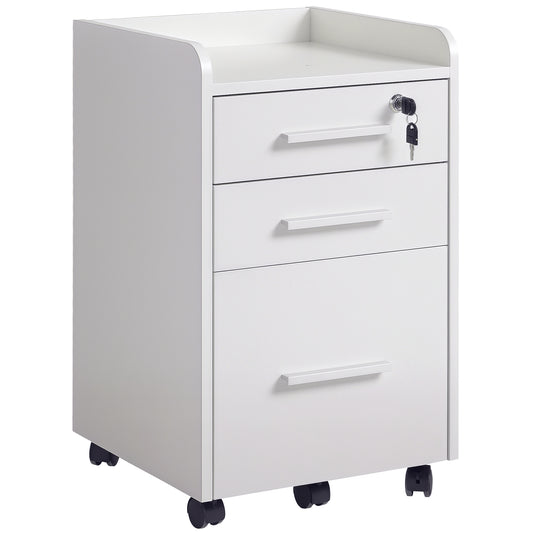 3 Drawer File Cabinet with Lock and Edged Top, Lockable Filing Cabinet on Wheels for Letter and A4 Size, White