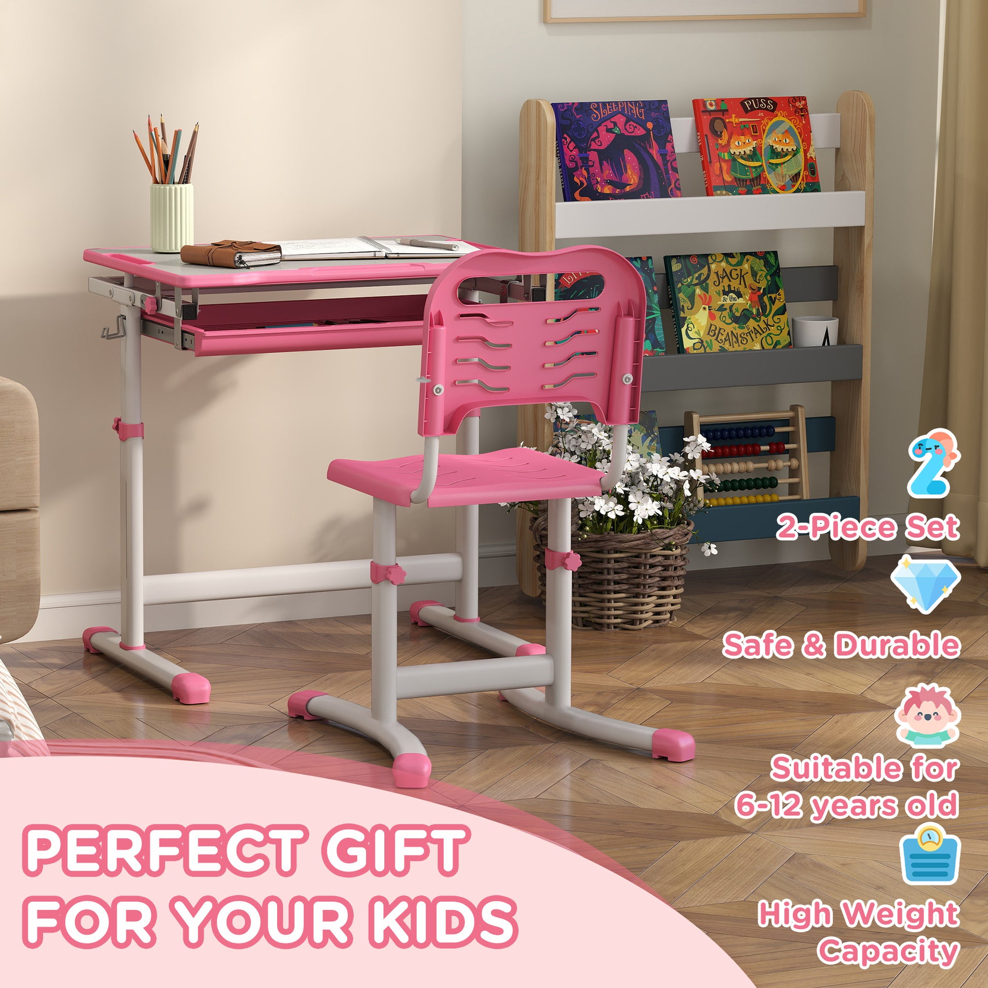 Qaba Height Adjustable Study Table and Chair Set with Drawer, Pen Slot, Tiltable Desktop, Hook, Pink