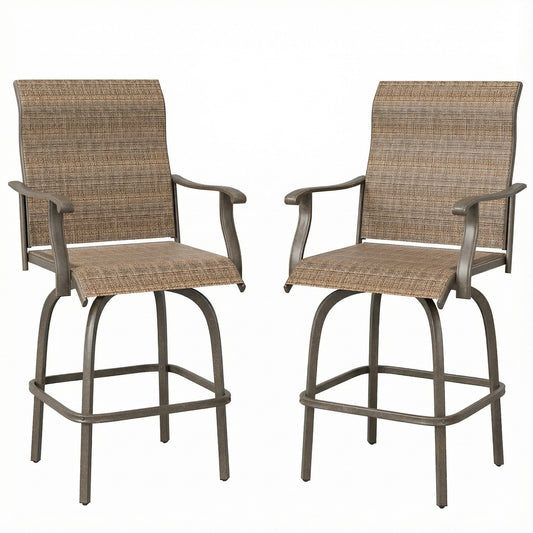 Outdoor Bar Stools Set of 2, Swivel Bar Height Chairs with High Back, Curved Armrests and Steel Frame for Balcony, Brown