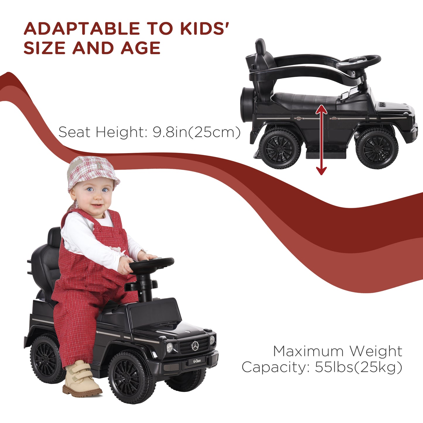 Aosom Mercedes-Benz G350 Licensed Push Car, 3-in-1 Toddler Sliding Car with Horn, Steering, Foot Rest, Seat Storage, Black