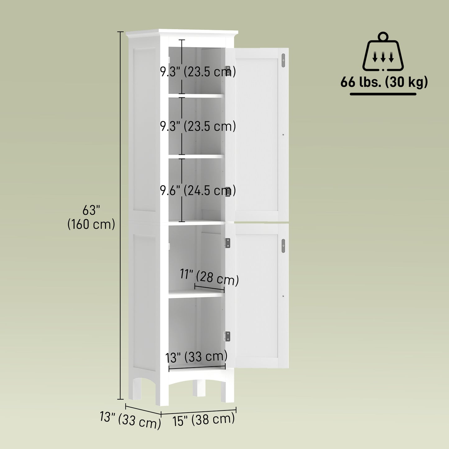 Tall Bathroom Cabinet, Freestanding Storage Organizer with Adjustable Shelves and Cupboards, 15" x 13" x 63", White