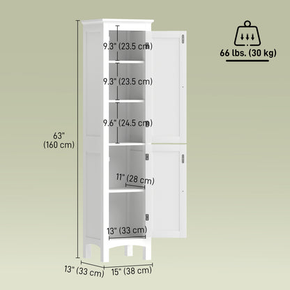 Tall Bathroom Cabinet, Freestanding Storage Organizer with Adjustable Shelves and Cupboards, 15" x 13" x 63", White
