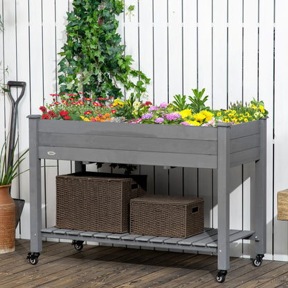 Mobile Raised Garden Bed Elevated Wood Planter Box with Lockable Wheels, Storage Shelf for Herbs Vegetables, Dark Grey