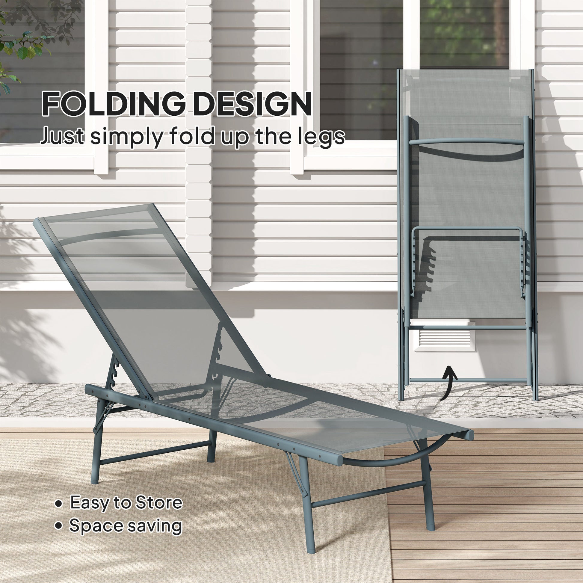 2 Pieces Folding Outdoor Lounge Chairs, Reclining Chaise Lounge Tanning Chair w/ Adjustable Back, Mesh Seat, Light Grey