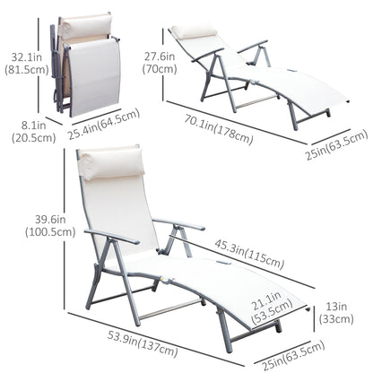 Heavy-duty Adjustable Folding Reclining Chair Outdoor Sun Lounger Patio Chaise Lounge Garden Beach Gravity Lounge with Pillow, 7 Adjustable Backrest Positions, Cream
