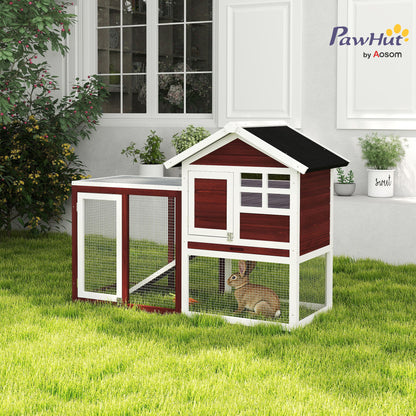 48" Weatherproof Wooden Rabbit Hutch Bunny Cage Small Animal House with Slant Roof And Screened Outdoor Run, Brown