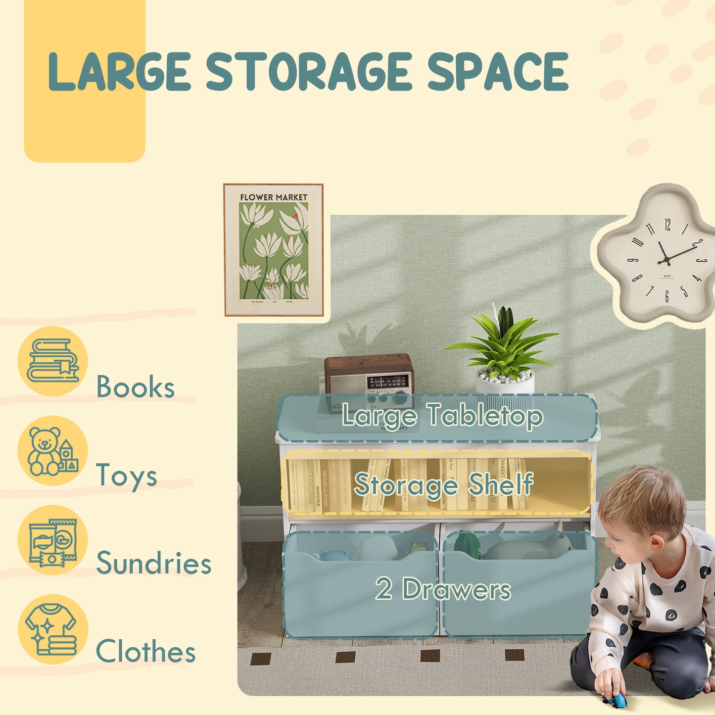 Qaba Kids Bookshelf with 2 Drawers, Large Tabletop, Shelf, for Nursery, Kids Room, Bedroom, Living Room, White