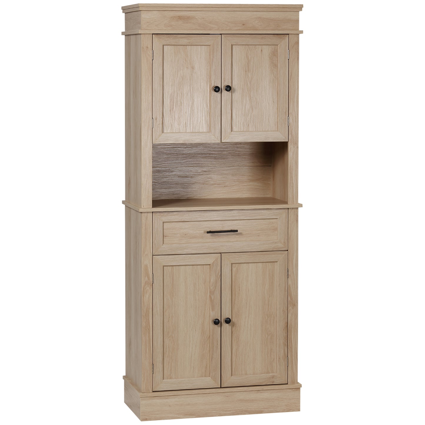 Modern Freestanding Kitchen Pantry Cabinet with Doors Open Shelves Adjustable Shelving Microwave Space, Oak