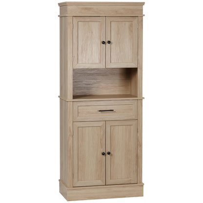 Modern Freestanding Kitchen Pantry Cabinet with Doors Open Shelves Adjustable Shelving Microwave Space, Oak