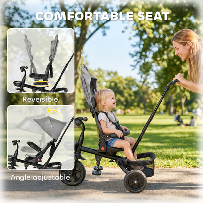 Qaba Tricycle for Toddler 4 in 1 Kids Trike, Foldable Converts Stroller to Toddler Bike, Adjustable Backrest & Curved Canopy, Detachable Guardrail & Handle for 1-5 Years Old, Grey