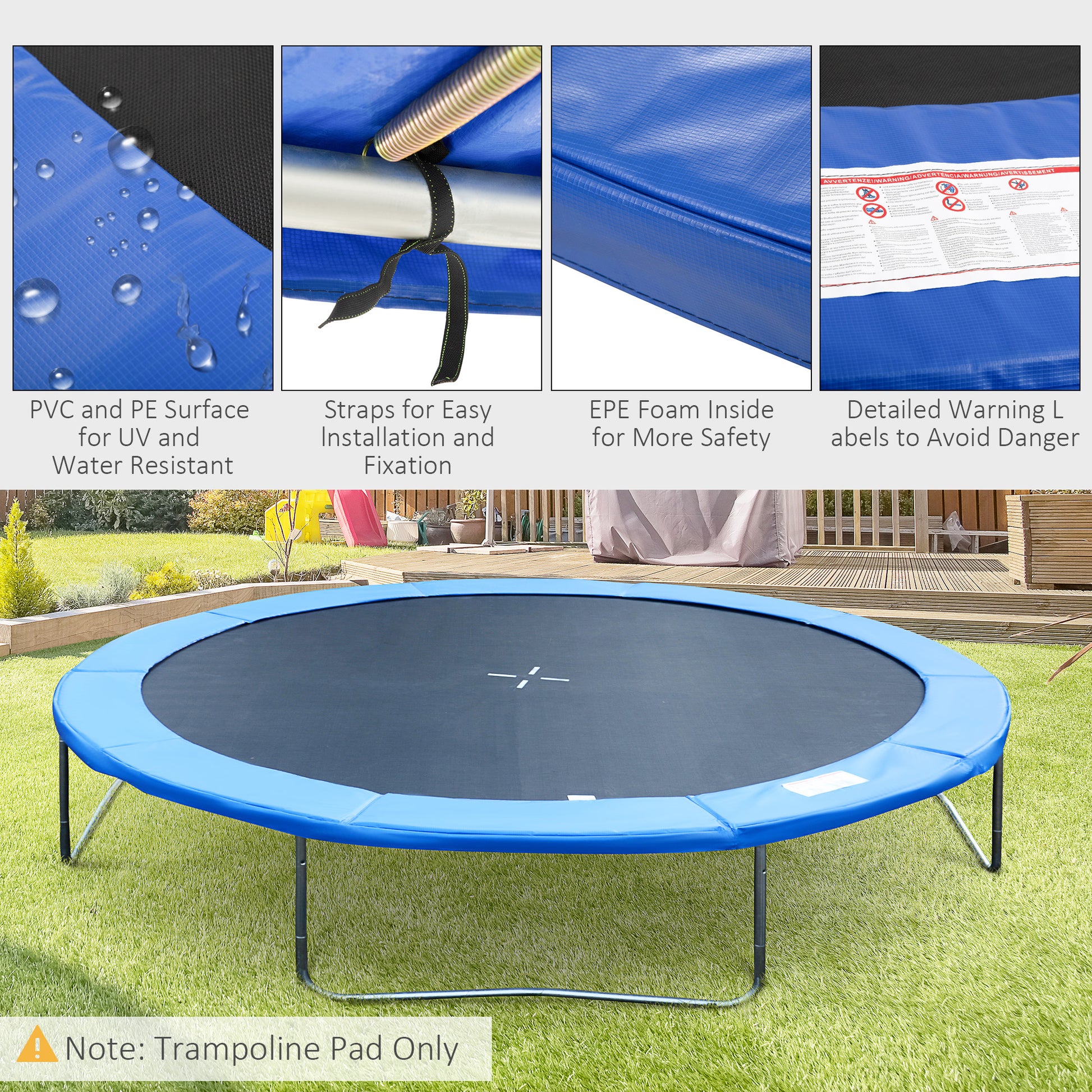 Soozier Trampoline Pad, 14FT Replacement Trampoline Safety Pad Mat Spring Cover, Water-Resistant, UV-Resistant, Tear-Resistant, No Holes for Pole, Blue