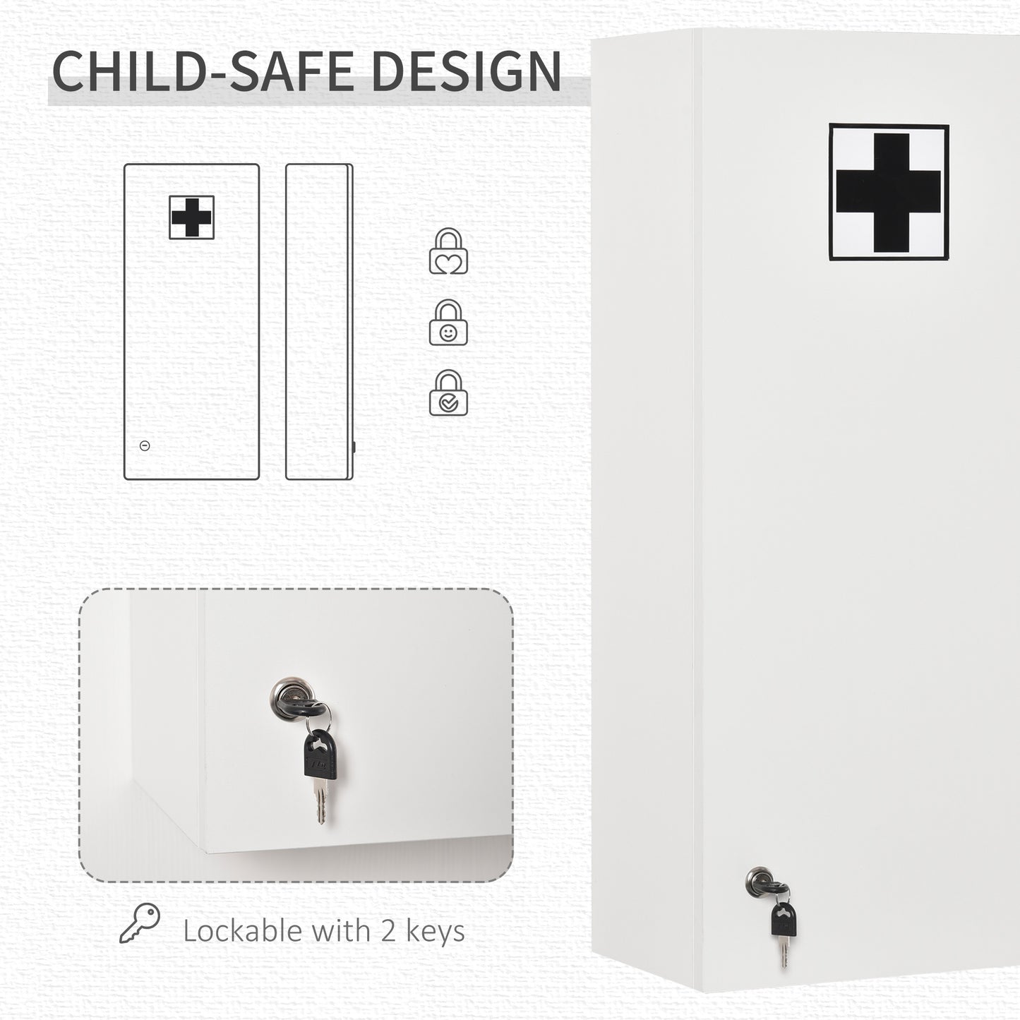 Wall Mount Medicine Cabinet, 5-tier Lockable Bathroom Cabinet with 2 Keys and Adjustable Shelves, White