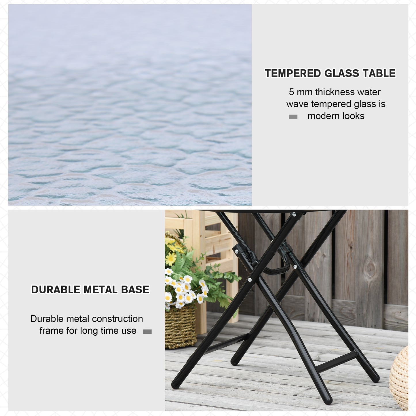 Φ18" Round Patio Table, Folding Coffee Table with Tempered Glass Tabletop for Patio, Balcony, Backyard