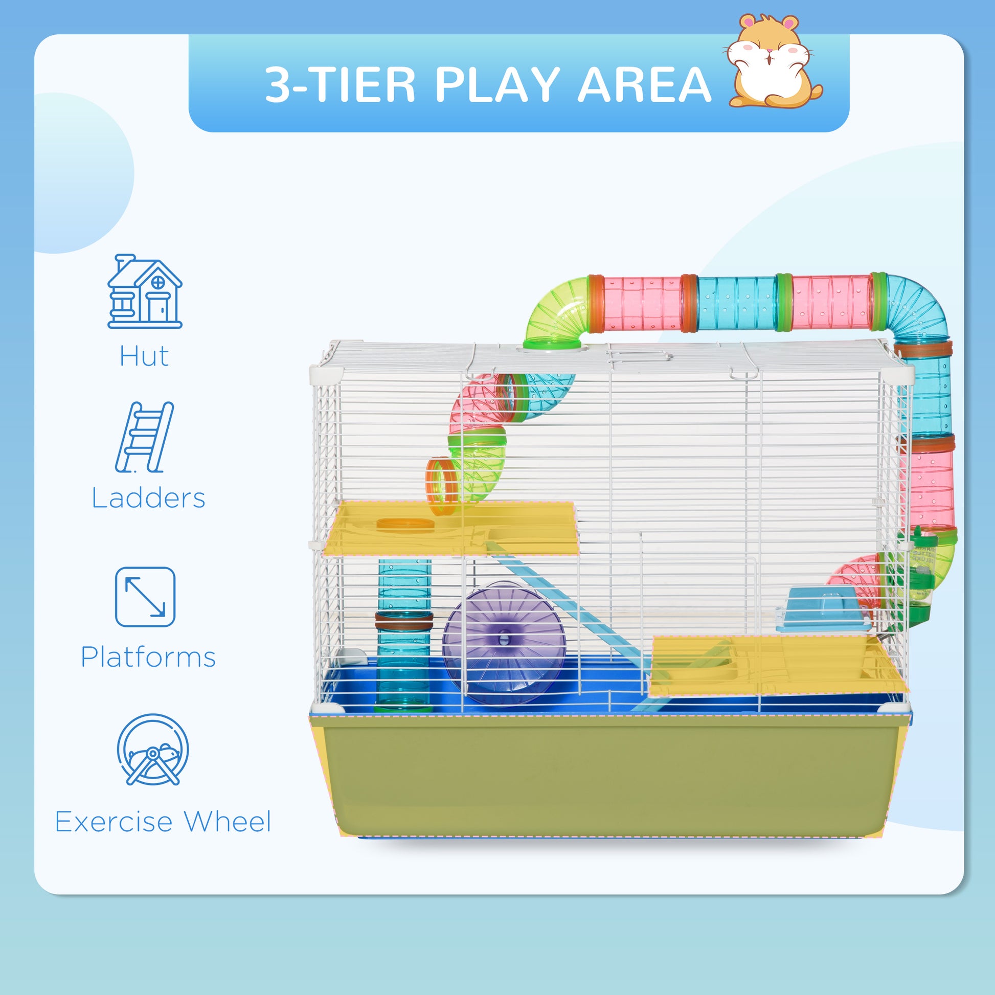 3-Tier Large Toy-Filled Steel Small Animal Cage, Includes Exercise Wheel, Water Bottle, Food Dish, Blue