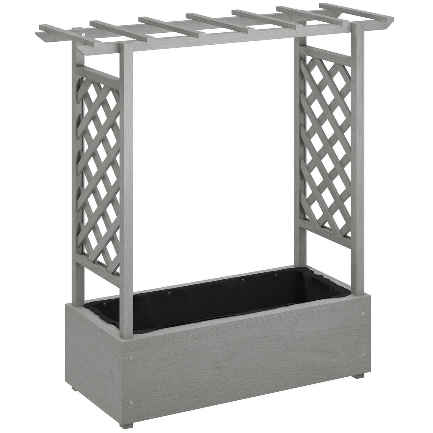 Wooden Raised Garden Bed with Trellis, Outdoor Planter Box with Hanging Roof, Drainage Holes and Bed Liner