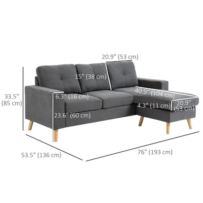 Sectional Sofa Couch, L Shaped Couch with Reversible Chaise, Wooden Legs for Living Room, Bedroom, Dark Grey