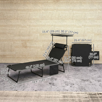 Folding Lounge Chair with Adjustable Canopy, 4-Position Outdoor Tanning Chair with Headrest, Black