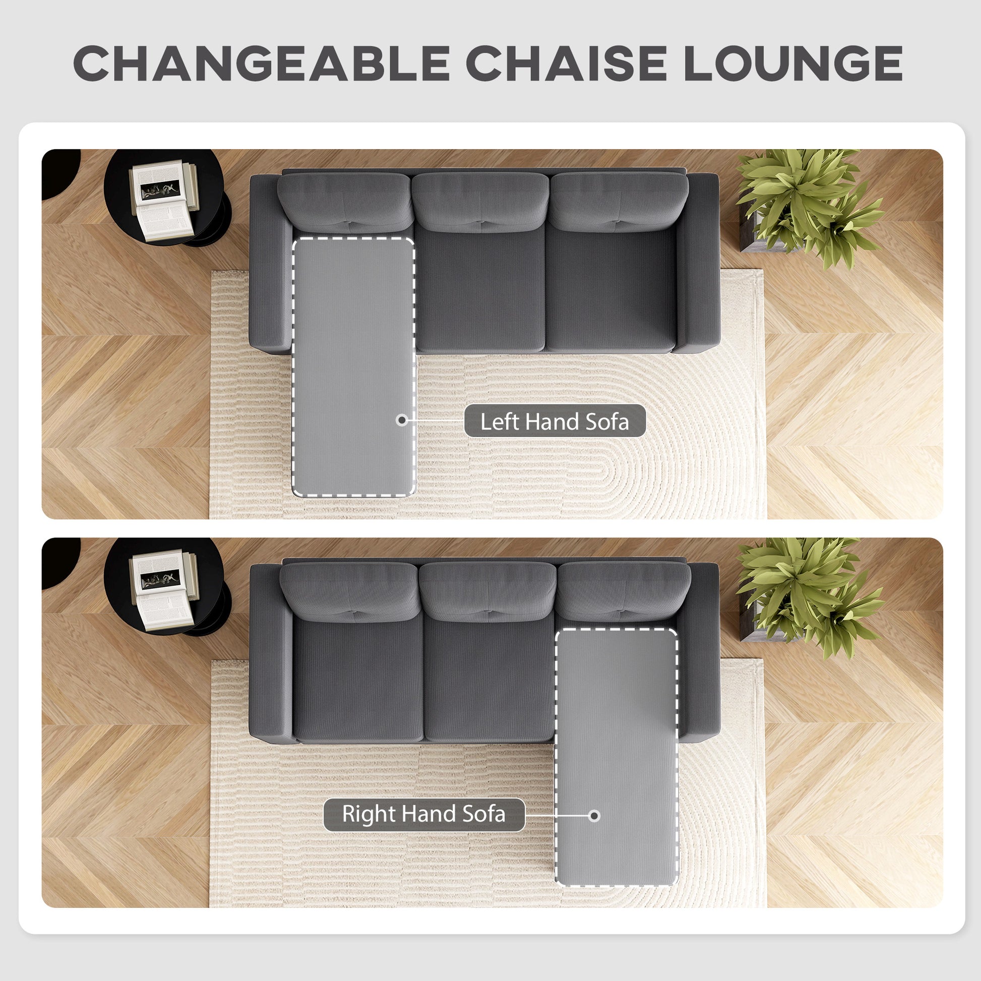 Sectional Sofa with Changeable Chaise Lounge, 3 Seat L-Shaped Small Space Sofa, Upholstered Couch for Small Space, Dark Grey
