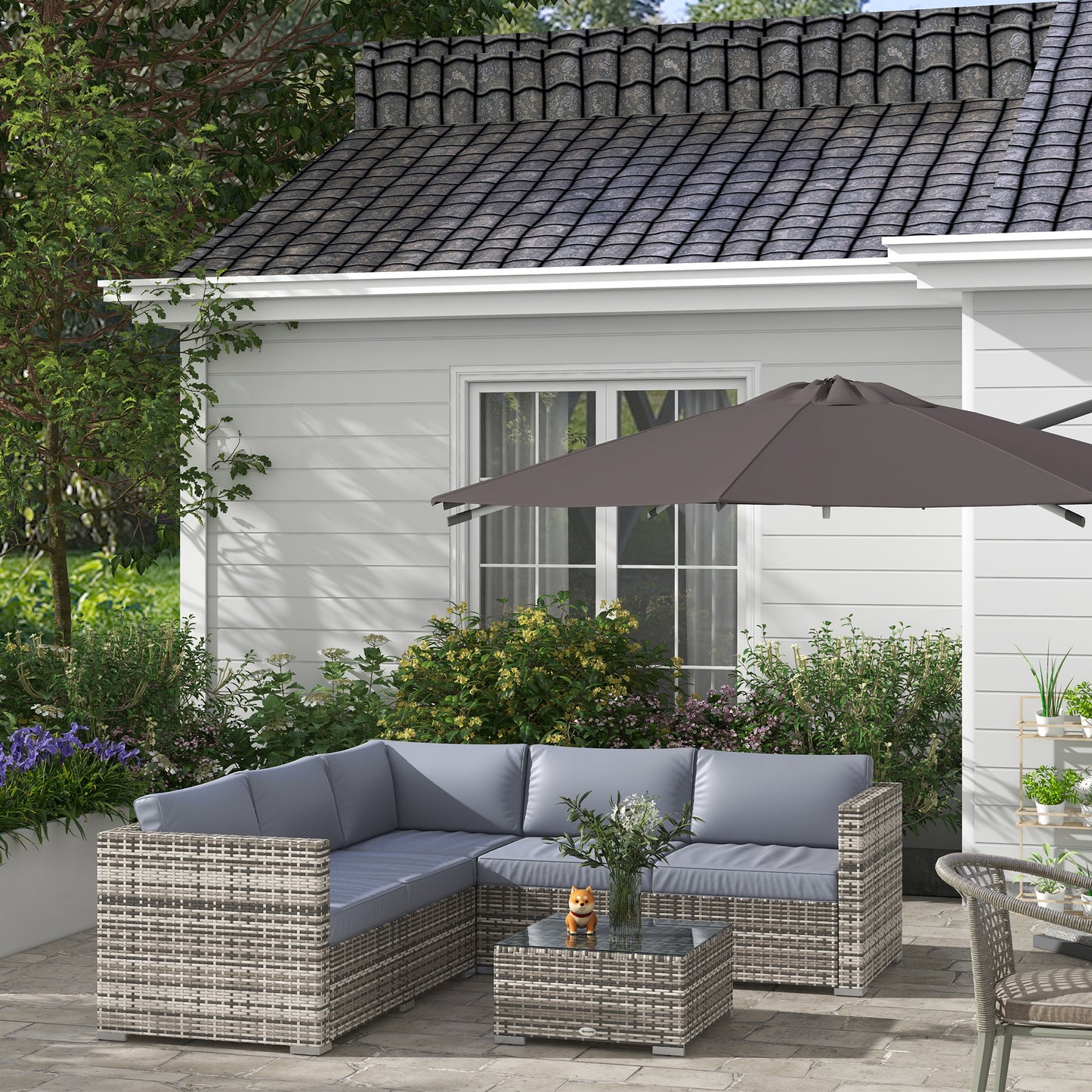 4 Pieces Rattan Wicker Outdoor Conversation Furniture Set w/ Corner Sofa Loveseats Coffee Table Cushions, Grey