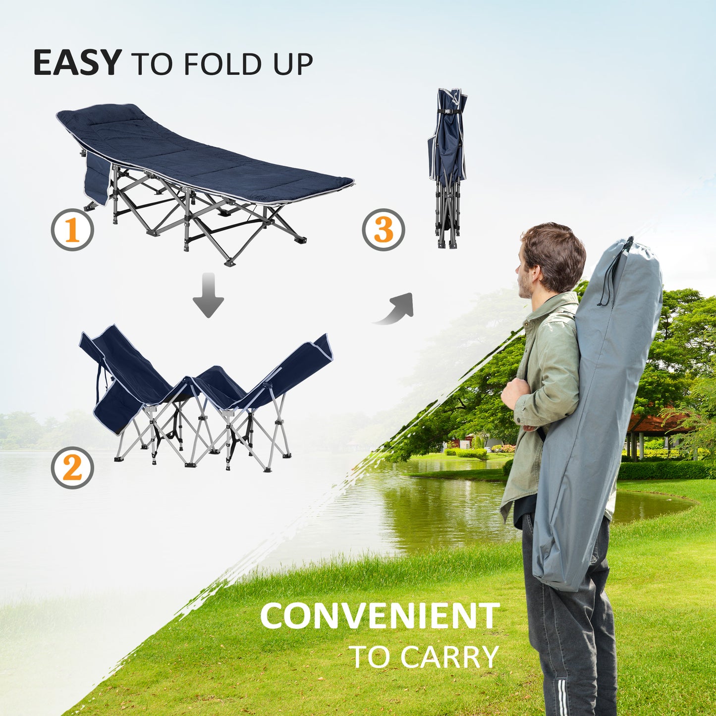 Folding Camping Cot with Mat & Pillow, Double Layer Oxford Heavy Duty Sleeping Cot with Carry Bag Blue
