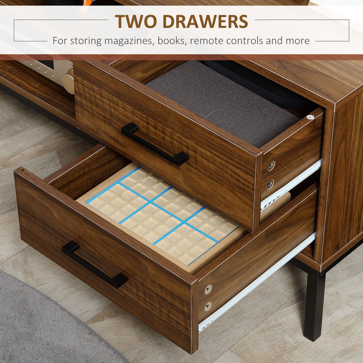 TV Stand for TV up to 50 Inches, TV Cabinet with Door, Open Storage and Drawers, TV Table with Steel Legs, Dark Walunt
