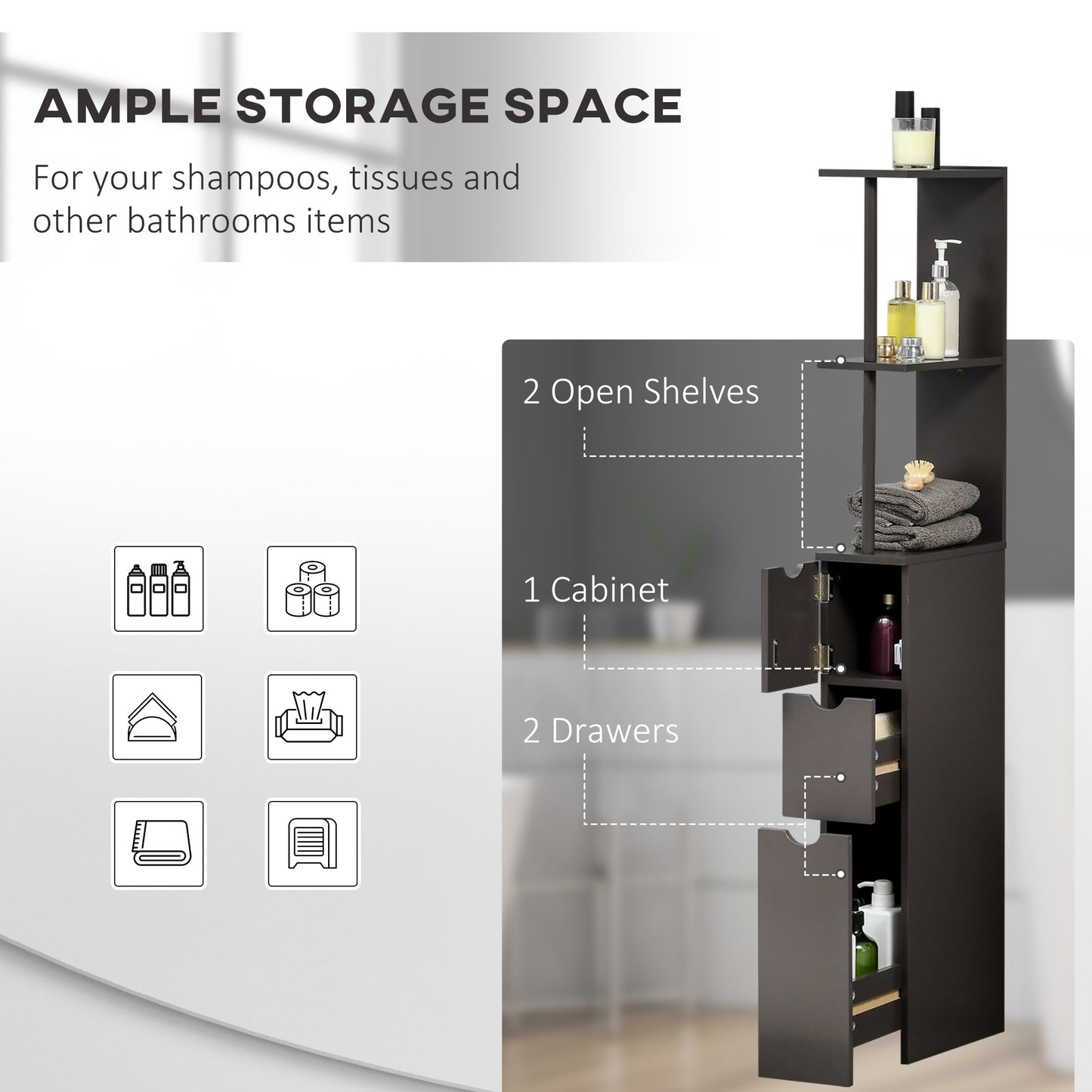 Tall Bathroom Storage Cabinet, Narrow Bathroom Cabinet with Drawers and Open Shelves for Small Spaces, Brown