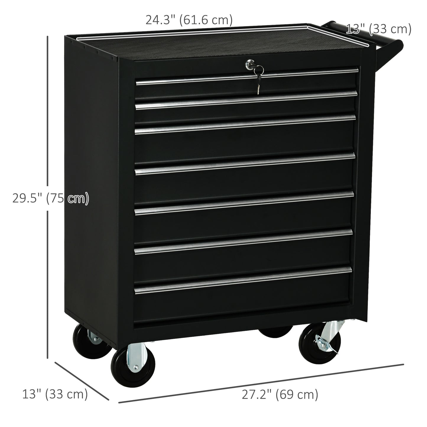 Mobile Lockable Toolbox, 7 Drawer Tool Chest, Storage Organizer with Handle for Workshop, Mechanics, Garage, Black