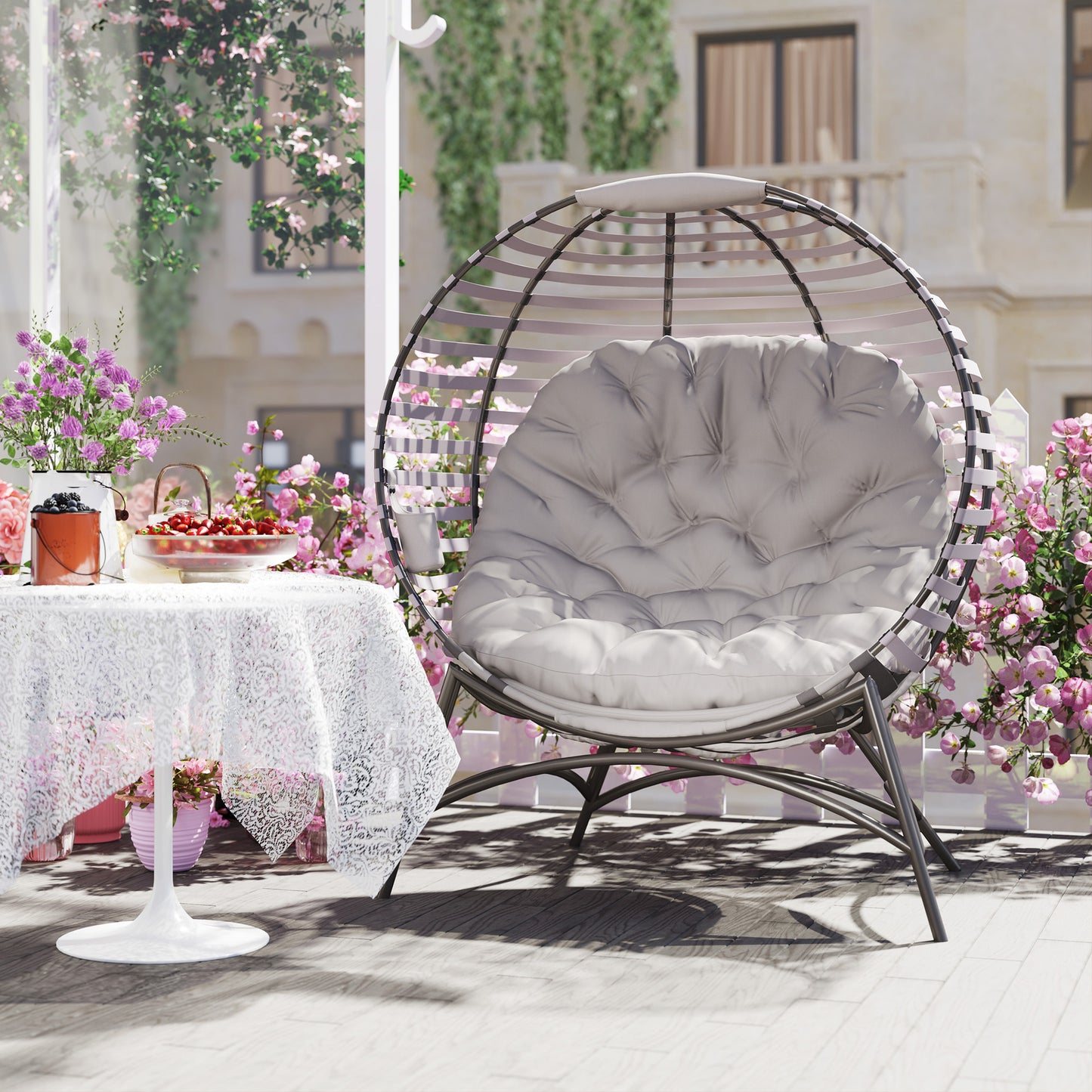 Egg Chair, Patio Lounge Chair, Foldable Basket Chair with Large Seat Cushion, Side Pocket, Light Grey