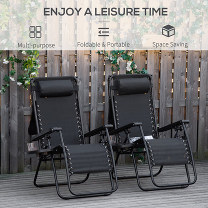 2 Piece Foldable Lounge Chair with Canopy Shade, Outdoor Zero Gravity Chair w/ Side Tray & Cup Holder, Reclining Lounger w/ Breathable Mesh Fabric Seat, Pillow, Black