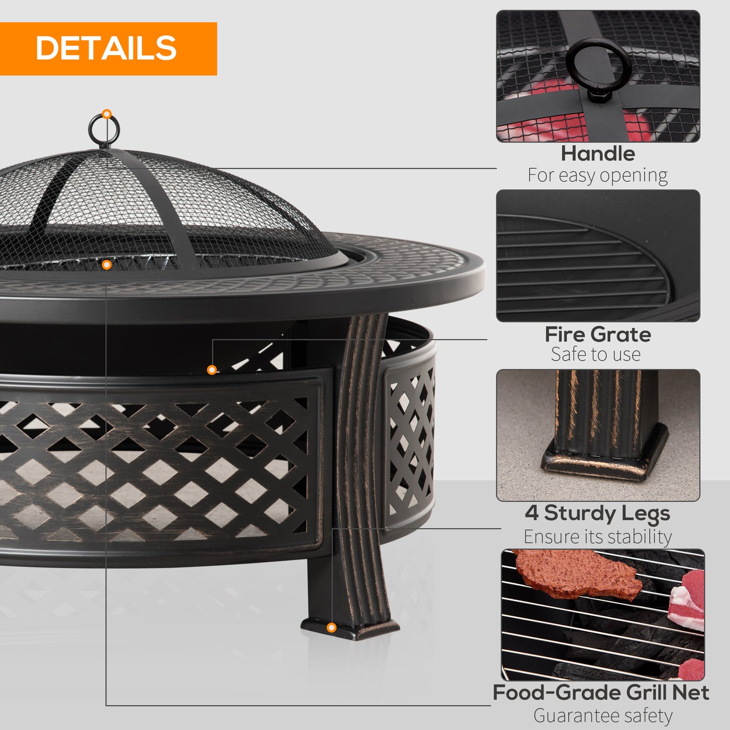 Outdoor Fire Pit, Firepit with Grill Net, Mesh Lid, Poker, for Camping, Bonfire, Picnic, Bronze