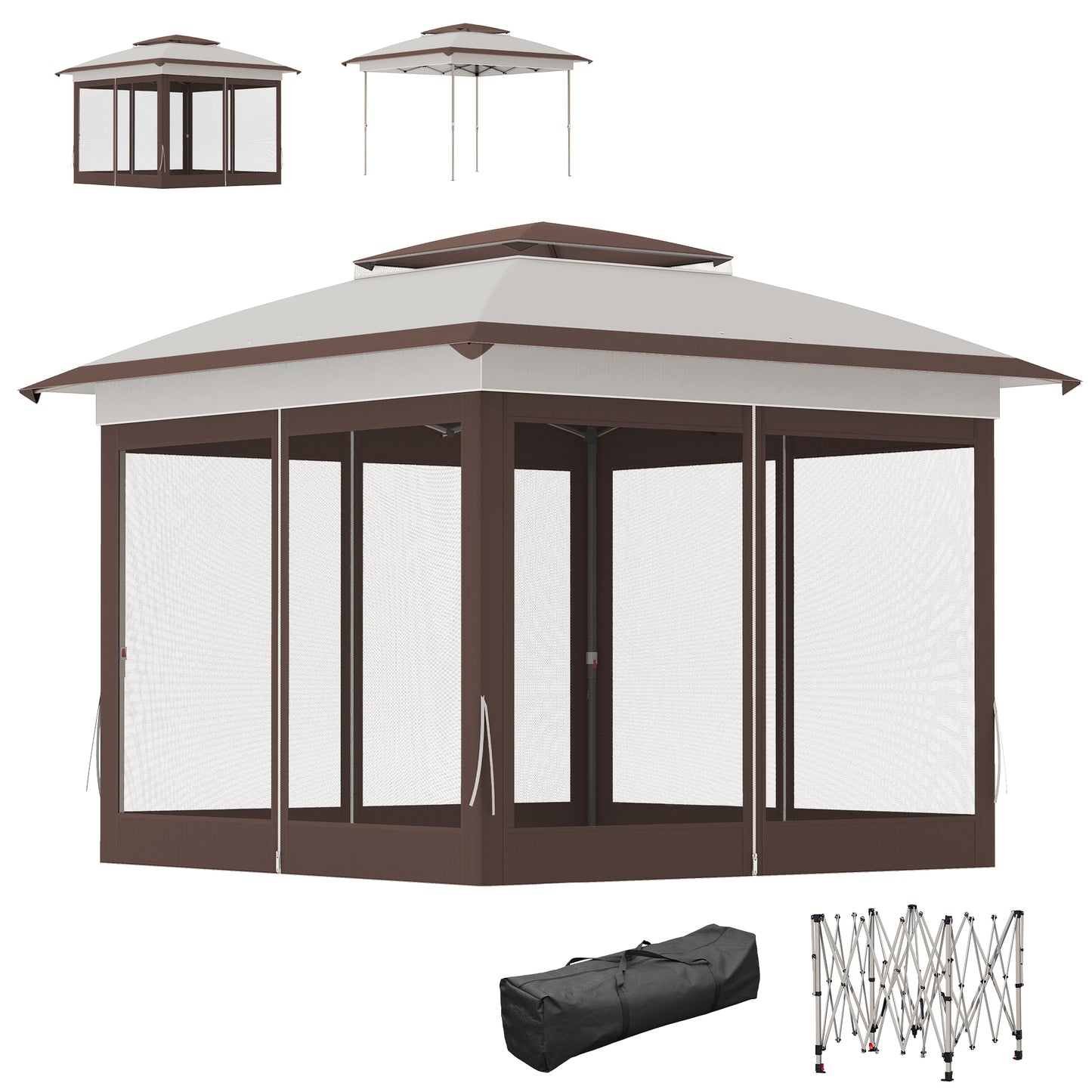 12' x 12' Pop Up Canopy Sun Shade Instant Tent Folding with Mesh Sidewalls, Beige and Dark Brown