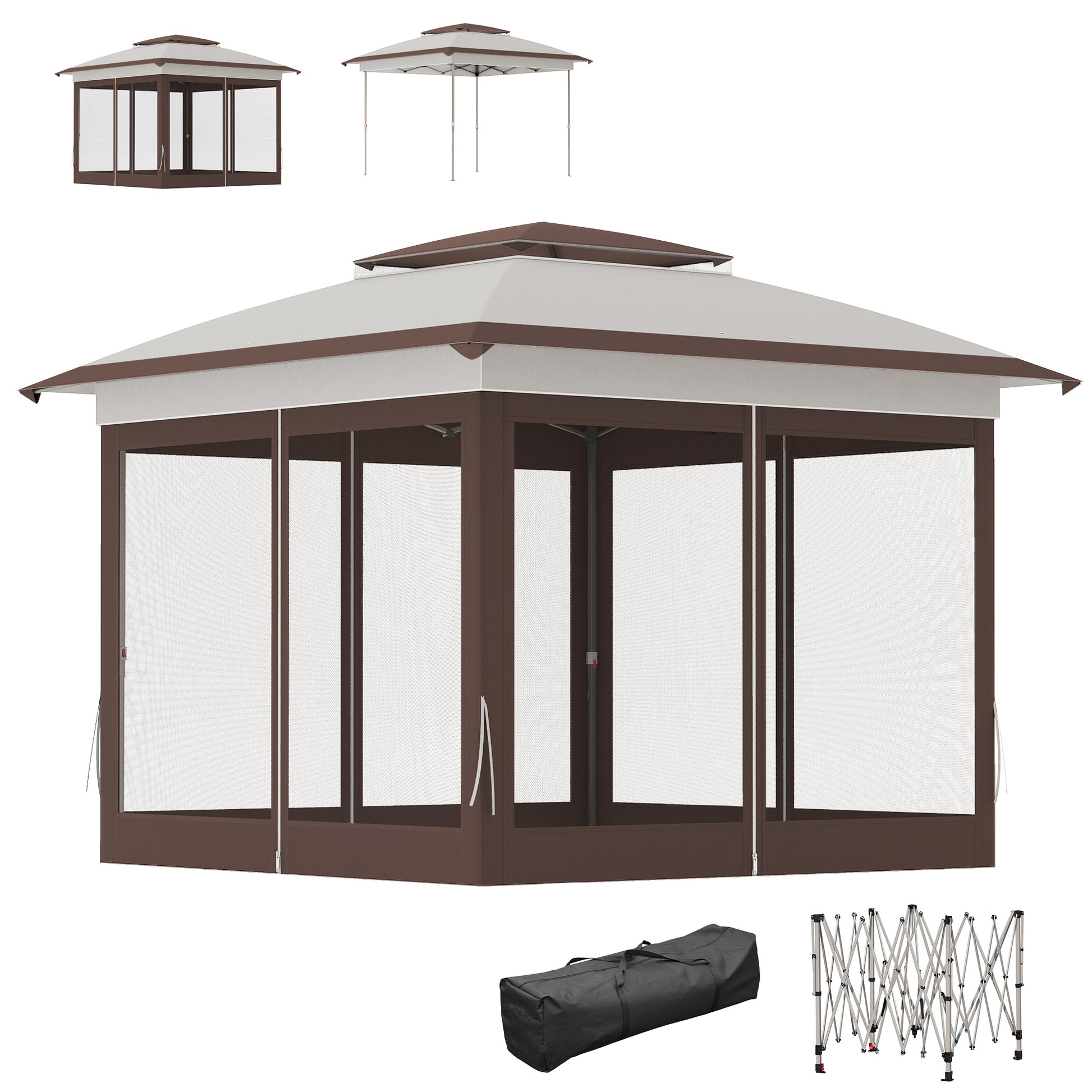 12' x 12' Pop Up Canopy Sun Shade Instant Tent Folding with Mesh Sidewalls, Beige and Dark Brown