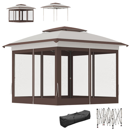 12' x 12' Pop Up Canopy Sun Shade Instant Tent Folding with Mesh Sidewalls, Beige and Dark Brown