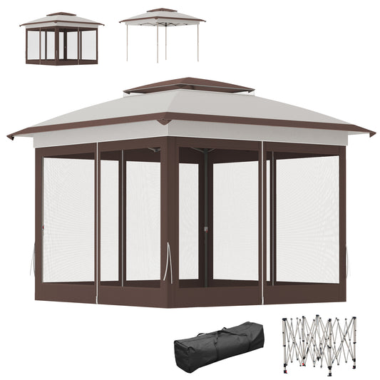 12' x 12' Pop Up Canopy Sun Shade Instant Tent Folding with Mesh Sidewalls, Beige and Dark Brown