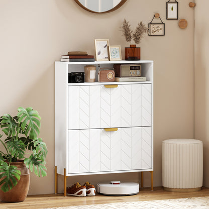 Shoe Cabinet with 2 Flip Drawers, Modern Narrow Shoe Storage Cabinet with Open Compartment, Adjustable Shelves, White